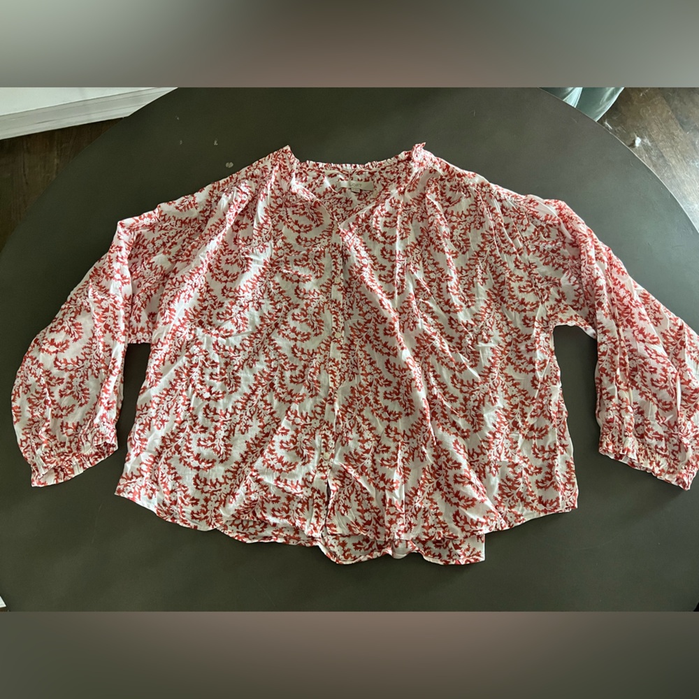 LOFT Women’s Long Sleeve Beachy Coral Patterned Blouse, size XXL